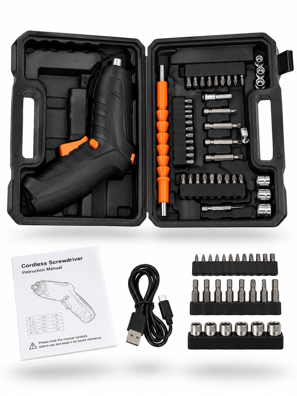 NWB 47-Piece Cordless Screwdriver Set, USB Rechargeable, Black (50$ Retail)